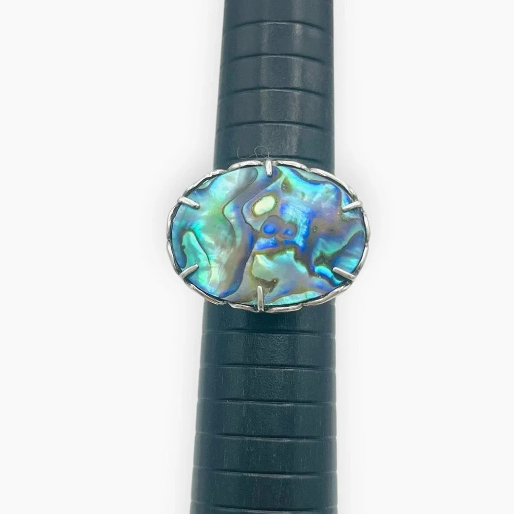 G 925 Sterling Silver Ring Large Abalone Paua Shell Scrollwork Raised Sz 7.75